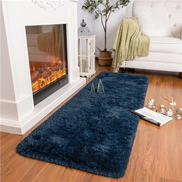 SoftShag Runner Rug for Bedroom,2x6 Feet Fluffy Rugs with Non-Slip,DarkNavy Blue - Picture 4 of 6